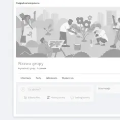 Ekran tworzenia grupy na FB: pole na nazwę, wybór prywatności, zapraszanie znajomych. Podgląd grupy z ilustracją i opcjami.