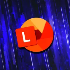 Logo Microsoft Lens z literą L na tle niebieskich, pionowych linii.