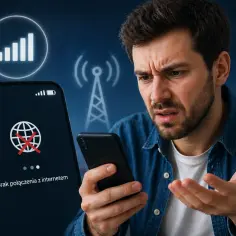 Zmarszczony mężczyzna patrzy na telefon z komunikatem "Brak połączenia z internetem". Ikona sygnału i wieży telekomunikacyjnej sugerują problem z siecią, być może z konfiguracją APN.