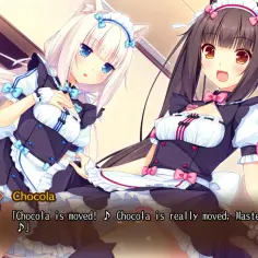 Dwie urocze dziewczyny z kocimi uszami, Vanilla i Chocola, w strojach pokojówek z gry Nekopara.
