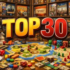Popularne gry planszowe na półkach i stole: "Ticket to Ride", "Dixit", "Pandemic", "Azul". W centrum wielki napis "TOP30".