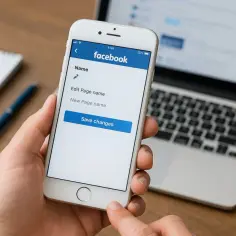 Telefon pokazuje ekran edycji nazwy strony na Facebooku. Dowiedz się, jak zmienić nazwę strony na FB, wpisując nową i zapisując zmiany.