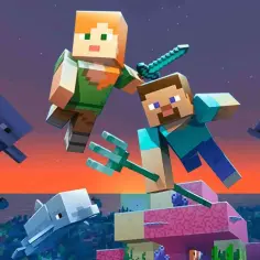 Steve i Alex z Minecrafta z delfinami i trójzębem. Sprawdź, czy Twój komputer spełnia **minecraft wymagania**!