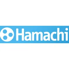 Logo Hamachi: biały napis na niebieskim tle, z symbolem trzech kółek obok nazwy.