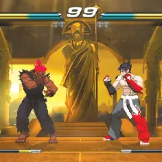 Akuma i Jin walczą na arenie w grze mugen.