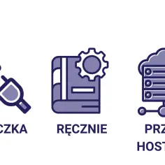 Ikony: wtyczka, książka z kołem zębatym, serwer w chmurze. Opcje połączenia, konfiguracji i hostingu dla SQL Server.
