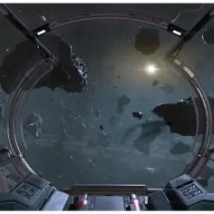 Widok z kokpitu statku kosmicznego na pole asteroid. W oddali widać jasną gwiazdę, a wokół mnóstwo skalnych odłamków, które mogą stanowić x4 foundations dla przyszłych baz.