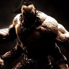 Goro, potężny wojownik z Mortal Kombat, w pełnej krasie. Jego muskularna sylwetka i groźne spojrzenie budzą respekt.