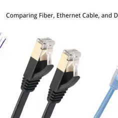 Włókno światłowodowe, dwa kable Ethernet i dwa kable DSL na białym tle.