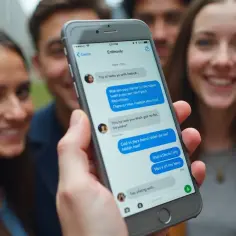 Grupa przyjaciół śmieje się, gdy jeden z nich pokazuje telefon z rozmową na Messengerze. Dowiedz się, jak zrobić ankietę na Messengerze, by zorganizować wspólne wyjście.