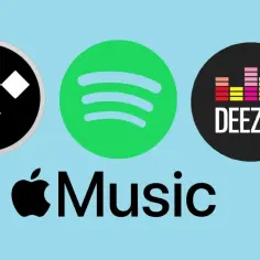 Loga Tidal, Spotify, Deezer i Apple Music na jasnoniebieskim tle.