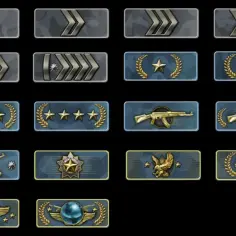 Ikony rang w CS:GO, od najniższych do najwyższych, z gwiazdkami, karabinami i orłami.