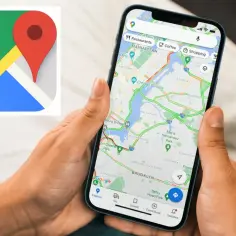 Ikona pinezka Google obok smartfona z mapą Nowego Jorku.