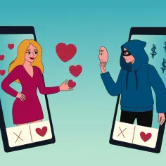 Oszust w masce ukrywa swoje zamiary, podczas gdy na ekranie telefonu wyświetlają się serduszka i dolary. To przykład catfishing.