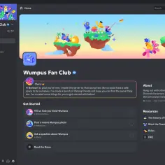 Discord to platforma do komunikacji. Na ekranie serwer "Wumpus Fan Club" z powitaniem i sekcją "Get Started".