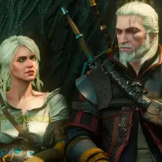 Geralt i Ciri siedzą obok siebie w lesie, postacie z popularnej komputerowej gry fabularnej.