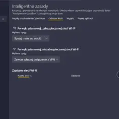 CyberGhost VPN połączony z Warszawą, Polska. Ustawienia "Inteligentnych zasad" dla ochrony Wi-Fi.