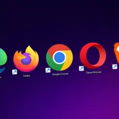 Ikony przeglądarek internetowych: Microsoft Edge, Firefox, Google Chrome, Opera, Brave na fioletowym tle.