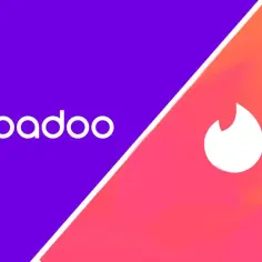 Logo Badoo po lewej na fioletowym tle, logo Tinder po prawej na różowo-pomarańczowym tle. Wybór należy do Ciebie: Tinder czy Badoo?