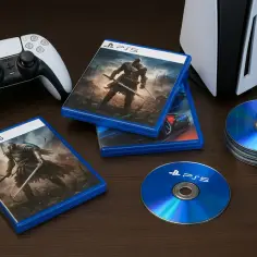 Kontroler DualSense, gry na PS5 z rycerzem i samochodem, płyty Blu-ray i konsola PS5.