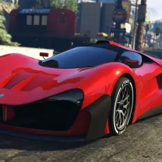 Czerwony supersamochód z GTA 5, idealny do wykorzystania z kodami na pojazdy.