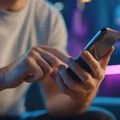 Dłonie trzymające smartfon, w tle neonowe światła. Zastanawiasz się, jak sprawdzić czy telefon jest na podsłuchu?