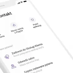 Ekran telefonu z aplikacją Play24. Widoczna sekcja "Pomoc i kontakt", opcje zgłoszeń, opinii o Play24 i polecania aplikacji.