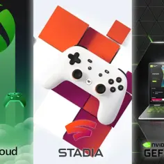 Trzy kolumny: Project xCloud z kontrolerami Xbox, biały kontroler Stadia i laptop z GeForce Now grający w Fortnite.