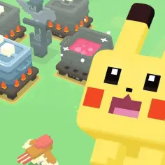 Pixelowy Pikachu i inne Pokemony w grze z budowaniem.