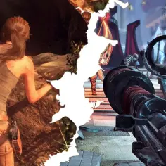 Lara Croft w jaskini i widok z perspektywy pierwszej osoby na futurystyczną broń w grze tpp.