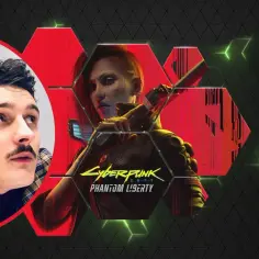 Dawid Podsiadło w futurystycznym stylu, obok postaci z gry Cyberpunk 2077: Phantom Liberty.