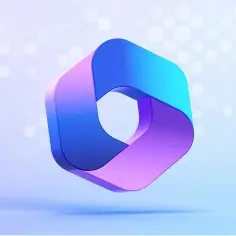 Abstrakcyjny, trójwymiarowy symbol w odcieniach niebieskiego i fioletu, przypominający pętlę lub nieskończoność. Symbolizuje innowacyjność i przyszłość, jak m365 copilot.