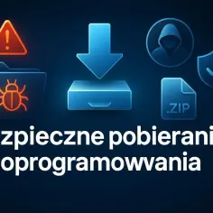 Bezpieczne pobieranie oprogramowania z naszego sklepu z aplikacjami: ikony ostrzeżenia, wirusa, pobierania, hakera i pliku ZIP.