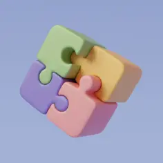 Cztery kolorowe elementy układanki, symbolizujące współpracę i rozwiązywanie problemów w ludologii, łączą się na pastelowym tle.