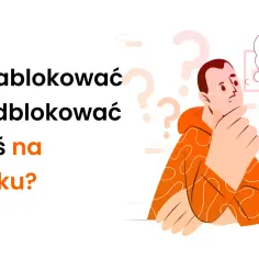 Ilustracja z pytaniem: jak zablokować kogoś na TikToku? Mężczyzna w okularach zastanawia się nad tym.