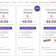 Oferty upc światłowód: Telewizja Max z 163 kanałami za 40 zł/mies., Max z dekoderem za 45 zł/mies. i Max Premium za 65 zł/mies.