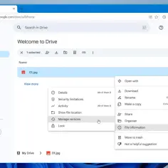 Zarządzanie wersjami pliku 01.jpg w Google Drive. To funkcja, która pomaga w tworzeniu kopii zapasowej Google.