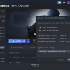 Okno instalacji gry Counter-Strike: Global Offensive na platformie Steam, pokazujące ścieżkę instalacji.