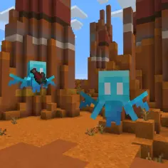 Dwa niebieskie Allaye z Minecrafta latają w pustynnym krajobrazie. Jeden z nich trzyma przedmiot.