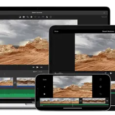 Edycja filmu podróżniczego "Desert Horizons" w aplikacji iMovie na różnych urządzeniach Apple.