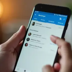 Dłoń przewija listę rozmów na Messengerze, szukając sposobu, jak usunąć wiadomości z messengera.