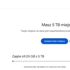 Google One: masz 5 TB miejsca na dane, zajęte 69,05 GB. Sprawdź google one cennik, by zwiększyć przestrzeń.