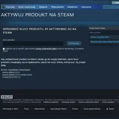Okno aktywacji produktu na Steam z polem na klucz produktu i przyciskiem "Kontynuuj".
