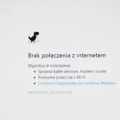 Dinozaur z gry Chrome skacze nad napisem "Brak połączenia z internetem". UPC brak internetu, czas sprawdzić router.