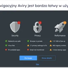 Pulpit Aviry z sekcjami Security, Privacy i Performance. To najlepszy antywirus, który dba o bezpieczeństwo i optymalizację.