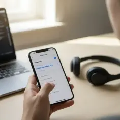 Osoba sprawdza ustawienia Bluetooth na telefonie, obok leżą słuchawki. Może jedna słuchawka gra ciszej?