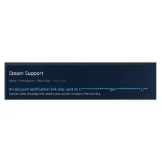 Zrzut ekranu strony Steam Support z informacją o wysłaniu linku weryfikacyjnego.