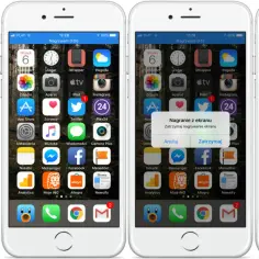 Nagrywanie ekranu na iPhonie. Widok centrum sterowania i ekranu z powiadomieniem o zatrzymaniu nagrywania.