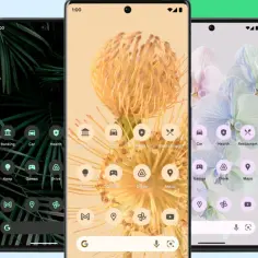 Trzy telefony z Androidem 13 prezentujące różne tapety i ikony aplikacji.