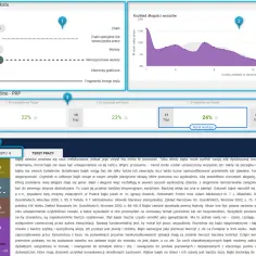 Analiza tekstu w programie antyplagiatowym: statystyka, rozkład długości wyrazów i wyniki ogólne.